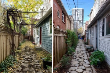Fototapeta premium Before and after view of a restored garden path in an urban setting Generative AI