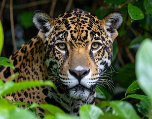 Fototapeta premium Jaguar peering through lush green jungle leaves