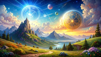 Fantasy landscape with celestial orbs, mountains, and a mystical realm