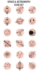 Space and Astronomy Icon Set with Rockets, Planets, Telescopes, and Satellites