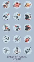 Colorful Space and Astronomy Icon Set Featuring Rockets, Planets, and Telescopes
