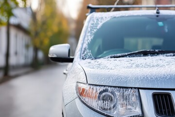 Windshield covered in white foam in a quiet street during autumn Generative AI