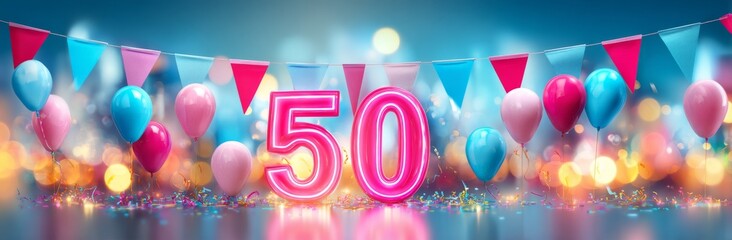 Against a starry night sky with clouds and bunting, 50 glowing pink balloons float surrounded by blue and pink balloons, and a pink banner that reads Happy Birthday