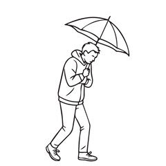 Vector illustration showing a man using an umbrella under pouring rain, black and white tones with strong black outlines emphasizing rainy mood.