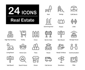 These are 24 beautiful small, pixel perfect real estate interface vector icons.