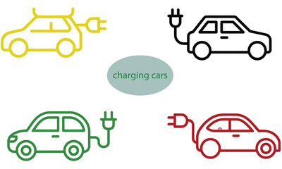 Colorful electric car icons with charging plug symbol on white background
