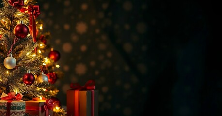 Christmas tree with warm lights red ornaments and gift boxes on dark background. Generative AI.