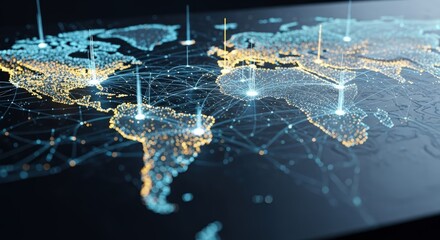 Global connectivity shown in a digital world map with glowing nodes and interconnected lines, representing communication, technology, and international network