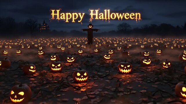 A scarecrow standing in a large foggy field of glowing carved jack-o'-lanterns at night