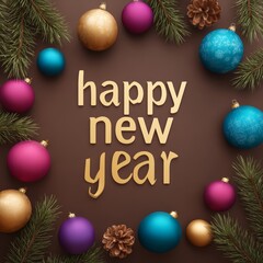 A brown background features the text 'Gold Happy New Year' encircled by pine branches, red ribbons, and vibrant ornaments