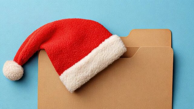 A red Santa hat rests on a brown manila folder placed on a light blue background.