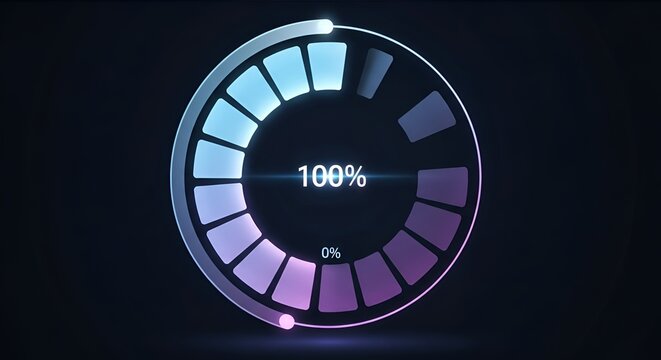 Circular loading indicator showing complete progress on a dark background with light effects