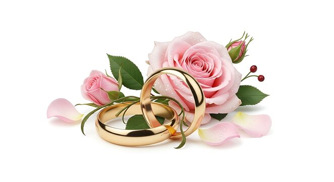 Two golden wedding rings with pink roses and petals on a white background for a special celebration