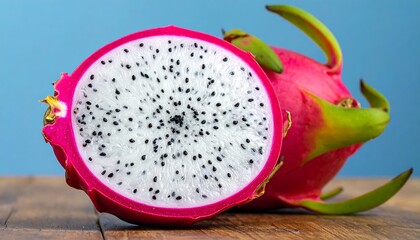 Fresh Dragon Fruit Cut in Half Displayed on a Wooden Table