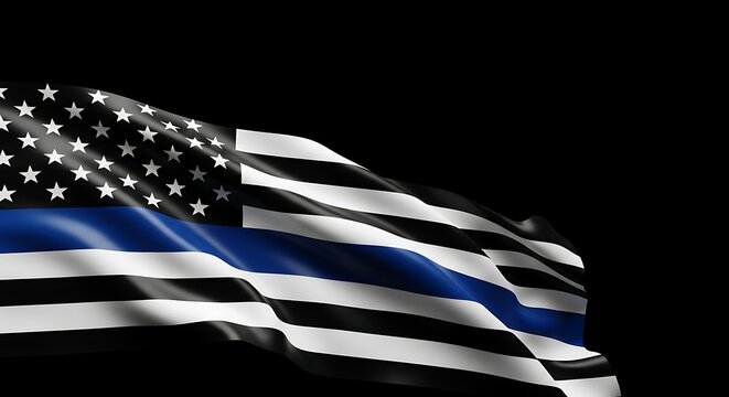 Thin blue line American flag waving proudly on black background to honor police officers