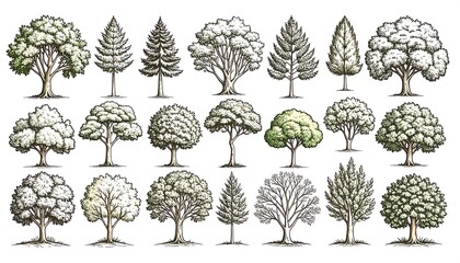 Hand-drawn Illustration of Different Trees for Nature or Decorative Purposes