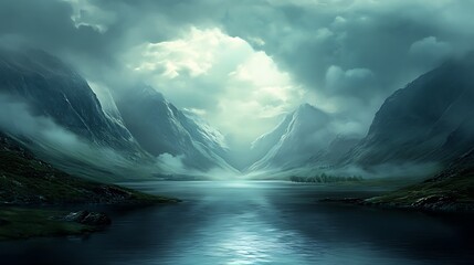 Majestic mountain landscape with a serene lake reflecting the cloudy sky, creating a peaceful and aweinspiring natural scene of tranquility