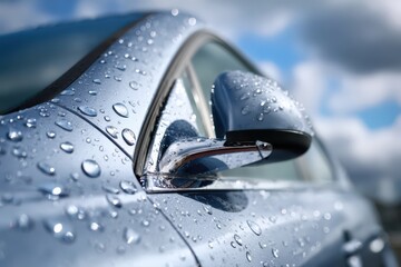 Close up of water droplets glistening on car paint with cloudy sky Generative AI