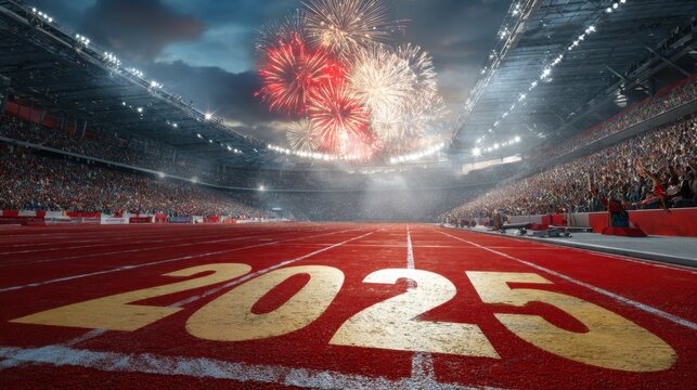 A large banner with the year 2025 on a stadium running track at night with fireworks. Marking a significant annual or celebratory milestone.