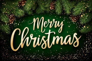 Green fir branches, surrounded by glittering lights and stars on a dark blue background, proudly display Merry Christmas in bold gold glittery letters