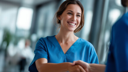 Happy satisfied female patient exchanging warm handshake with male surgeon in hospital corridor following successful medical consultation appointment patient satisfaction moment