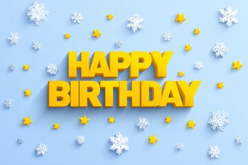 On a blue background, 'Golden Happy Birthday' text is written in gold and accompanied by red shadows, colorful stars, and snowflakes