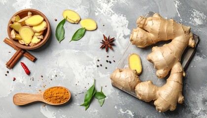Fresh Ginger and Spices on a Gray Background: Culinary and Herbal Ingredients