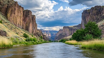 Scenic river flowing through a canyon with towering rock formations under a partly cloudy sky, showcasing the beauty of the natural landscape