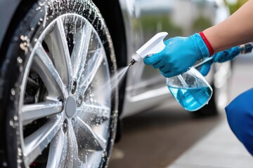 Detailing worker applies water to clean a wheel rim efficiently Generative AI