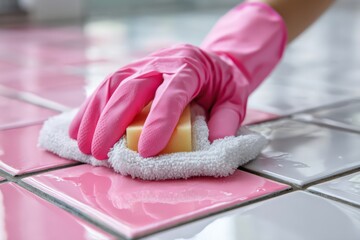 Cleaning and disinfecting bathroom floor tiles with pink gloves Generative AI