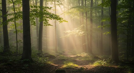 Obraz premium Sun Rays Through Forest Canopy A Magical Woodland Scene