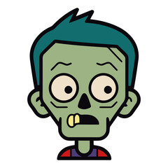 Illustration of a cartoon zombie with green skin and blue hair looking scared and slightly decayed