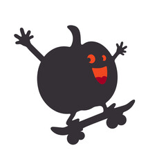 Cartoonish black pumpkin with orange face riding a skateboard with hands raised in the air happily