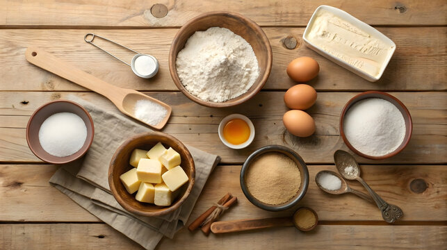 Assorted baking ingredients including flour, sugar, butter, eggs, spices, and vanilla on rustic wooden table, ideal for cooking blog visuals, recipe content, baking tutorial thumbnails