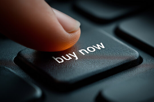 Very close-up of person’s fingers pressing buy now button