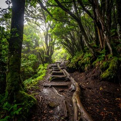 A misty, forested trail with stone steps leading into the distance