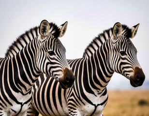 Fototapeta premium Close-up of two adult zebras standing side by side in a natural savannah setting, showcasing their unique black and white striped patterns and wildlife harmony against a blurred background.