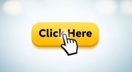 A yellow button with click here text and a white hand cursor on a light blue gradient background