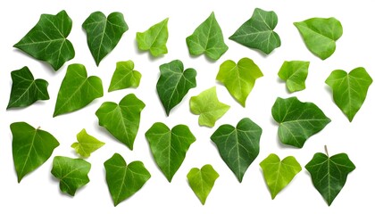 Fresh green ivy leaves scattered on a white background, botanical nature concept