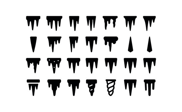 vector solid black filled icons Icicles (Types) small, icicle, big, thin, thick, long, short, straight, curved, clear, cloudy, sharp.
