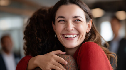 Cheerful smiling businesswoman embracing female colleague sharing motivation encouragement and positive energy in corporate office environment workplace positivity culture team