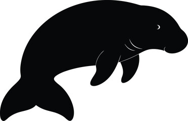 Manatee Silhouette Vector Illustration Flat Design, Black Manatee Silhouette Flat Vector Icon, Marine Manatee Symbol Flat Black Design.