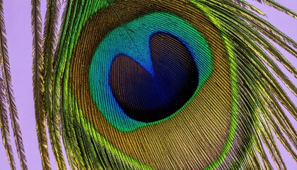 Obraz premium A vibrant peacock feather displays its iridescent eye pattern in dazzling green, blue, and gold.