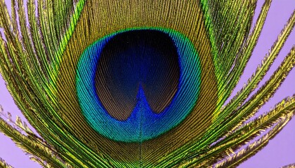 Obraz premium A vibrant peacock feather displays its iridescent eye pattern in dazzling green, blue, and gold.
