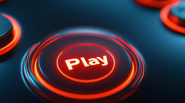 3D glowing Play button for gaming and technology interface on dark background