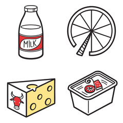 Naklejka premium Hand drawn icons of milk cheese citrus fruit and food container with ingredients on white background