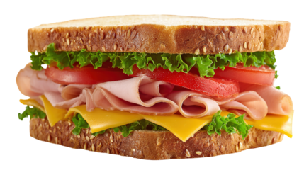 Close-up of two sandwiches with bacon, salami, prosciutto and fresh vegetables on rustic wooden cutting board. Club sandwich concept.