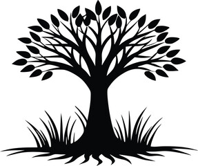 Obraz premium Mangrove Tree with Grass Silhouette Vector Illustration, Black Mangrove Tree and Grass Silhouette Landscape, Mangrove Forest Silhouette with Grass Vector Art