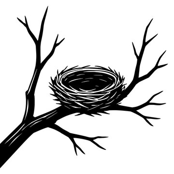 Stark black and white silhouette illustration of an empty bird's nest nestled securely on a bare tree branch. This detailed, high-contrast graphic art captures the essence of nature's simple architect
