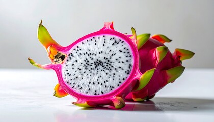 Freshly Cut Dragon Fruit Displayed on a White Surface, Close-Up